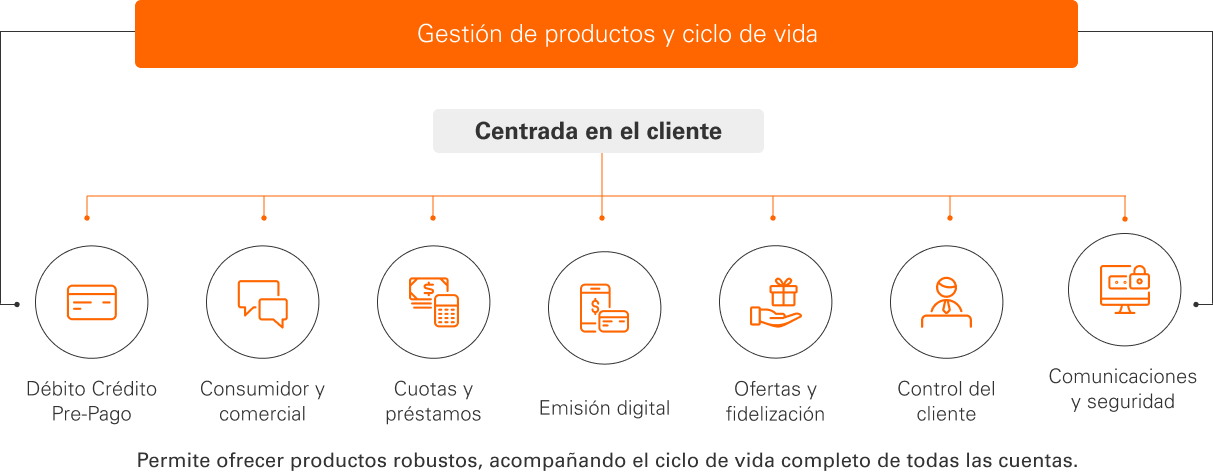 Infografía de gestión de productos financieros que abarca etapas como tarjeta prepaga, crédito y débito, consumidor y comercial, cuotas y tarjetas, emisión digital, ofertas y fidelización, control de clientes y comunicación y seguridad.